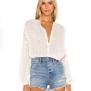 Free People Maddison Eyelet Button Down Blouse Top Sz Small Cream